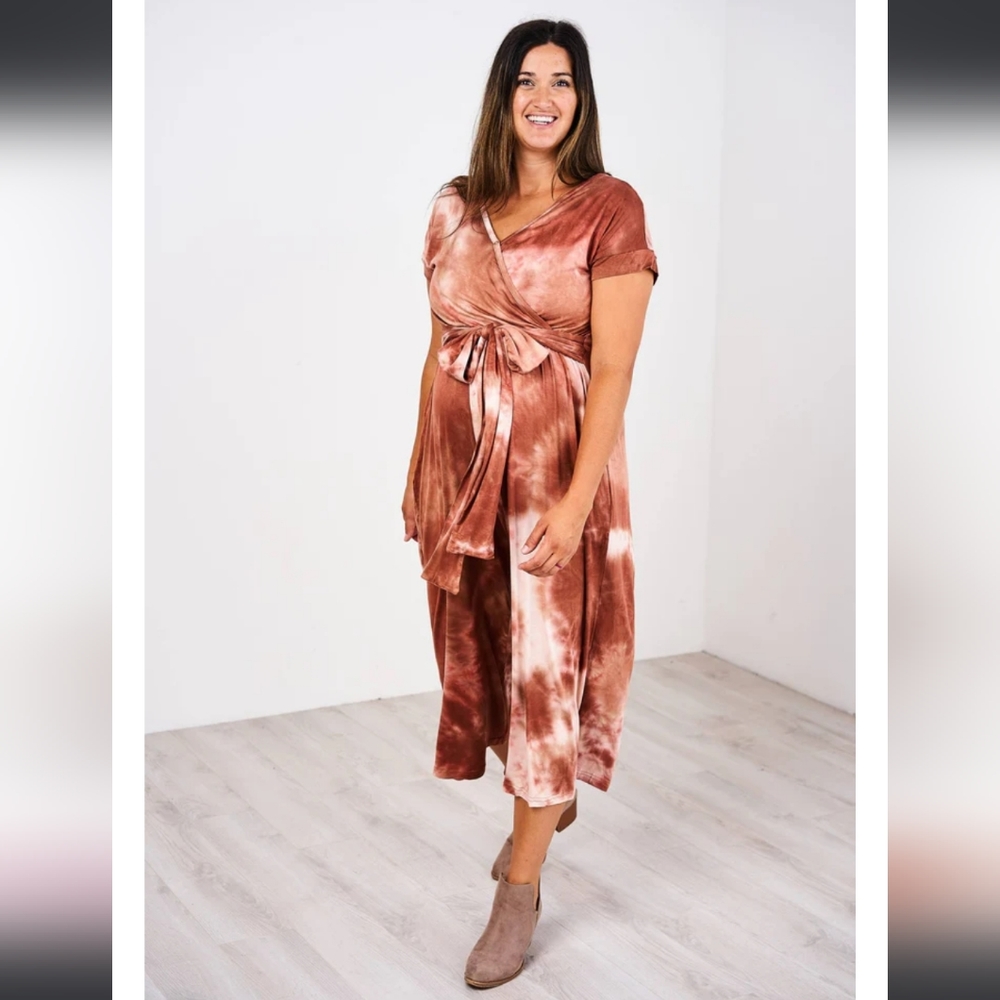 Latched Mama V-Neck Nursing Jumpsuit, Size Large, Rust Tie Dye